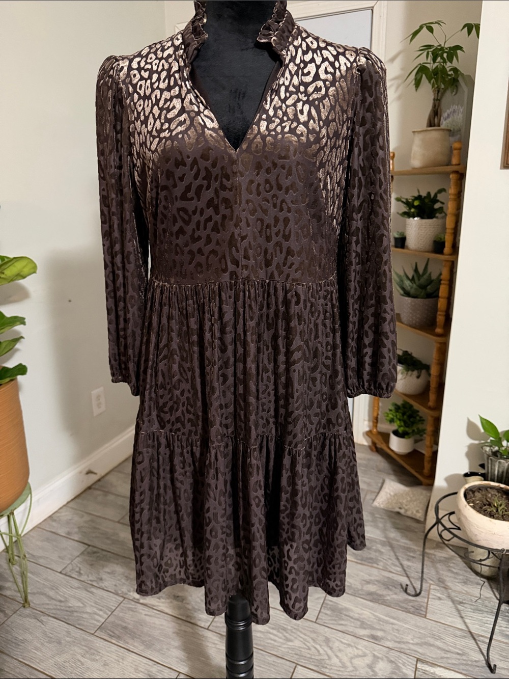 Maison Tara Brown Animal-Print Long-Sleeve Tiered Dress